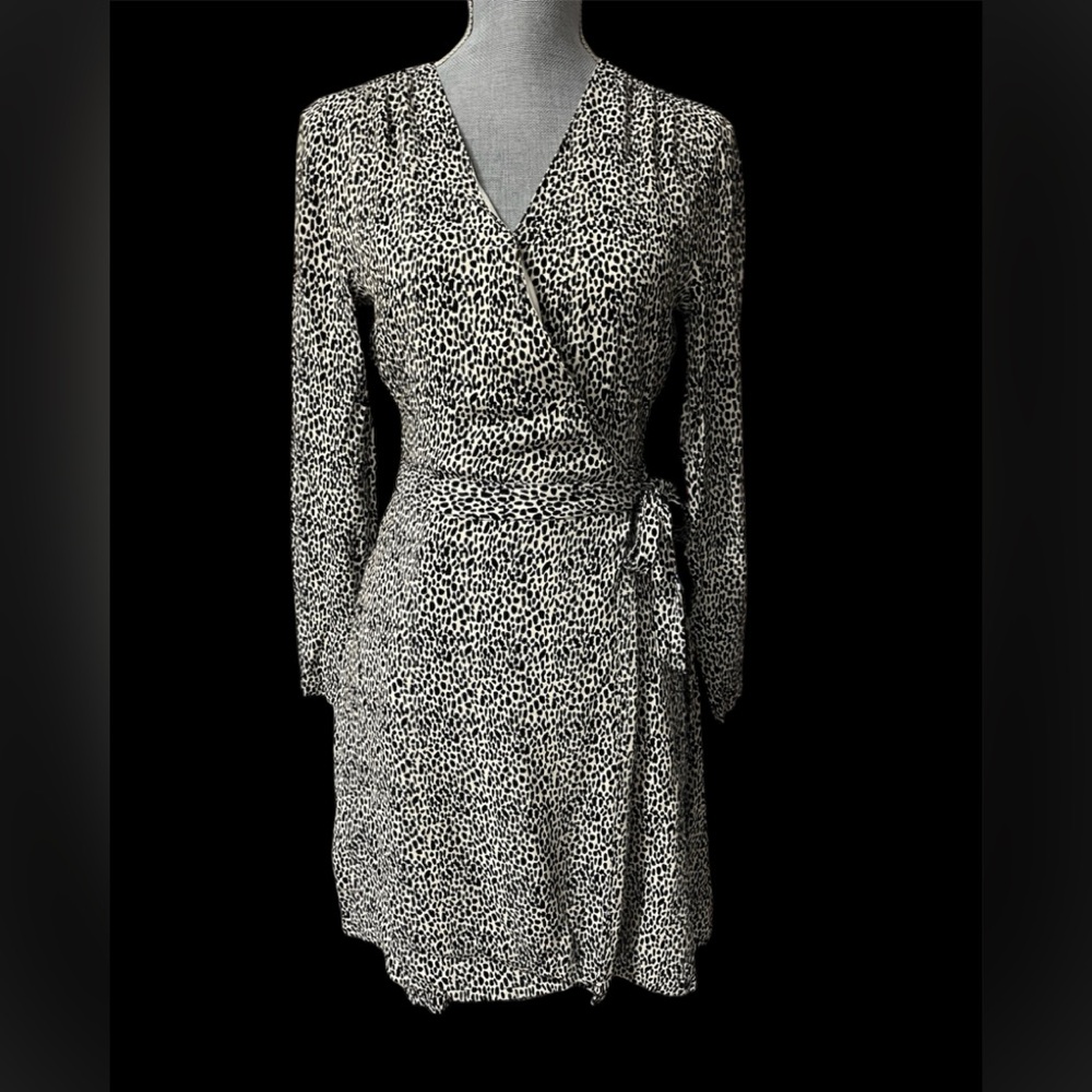 Frank & Oak Black and White Leopard-Print Wrap Dress